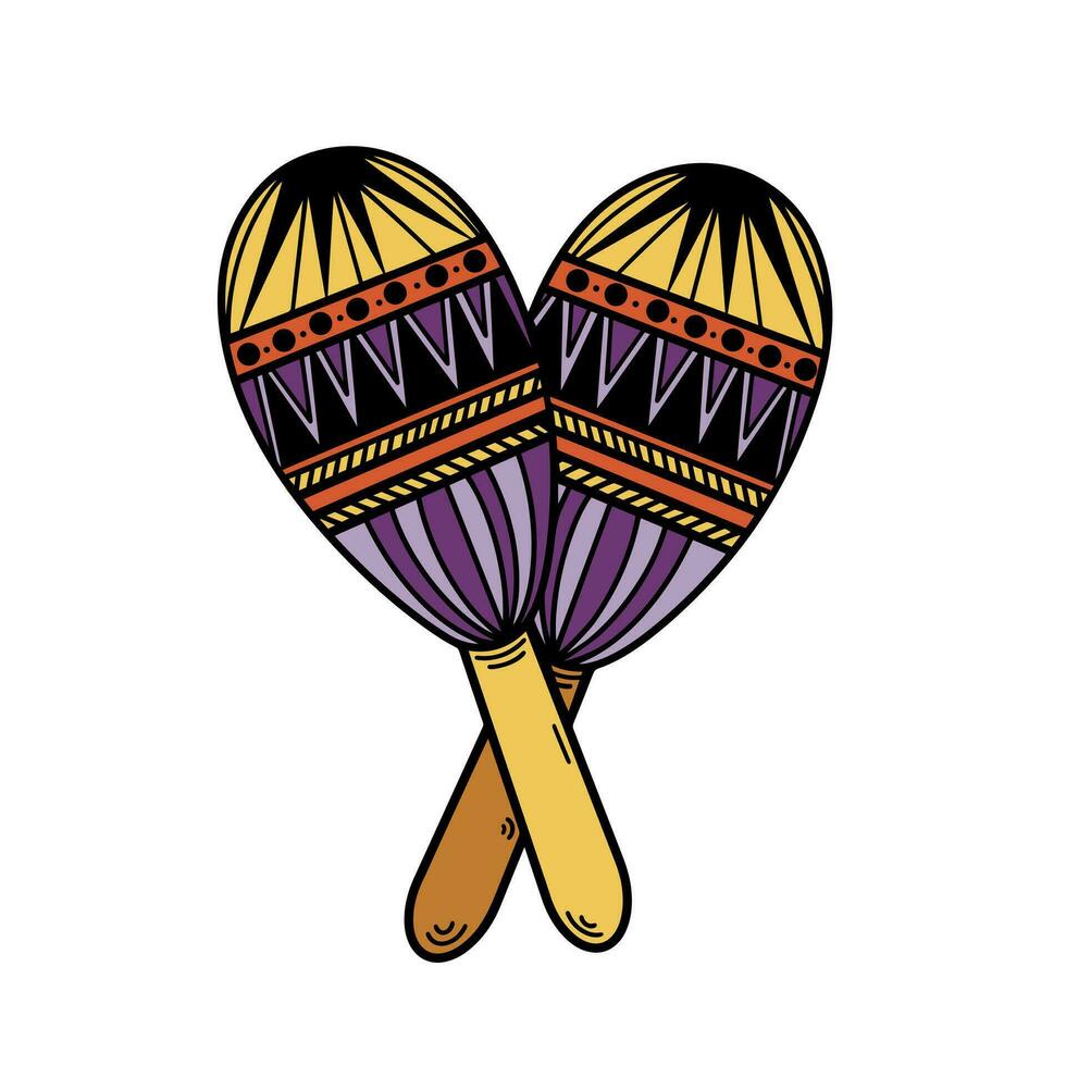 Paar von Maracas Vektor Symbol. Mexikaner Volk Musical Instrument zum Karneval, fest, festa Juni, cinco de Mayonnaise. hölzern gemustert Zubehörteil zum das Urlaub. hell Karikatur Clip Art zum Poster, drucken