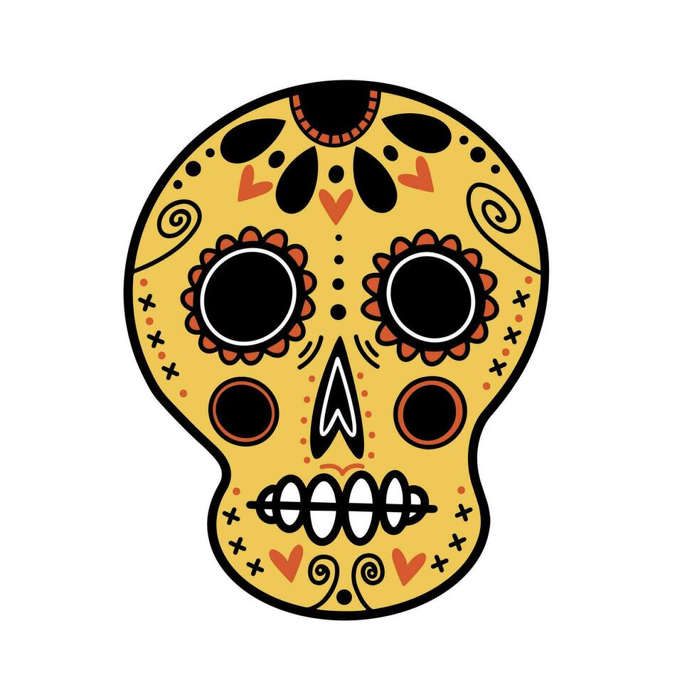 süß Zucker Schädel Vektor Symbol. festlich Maske von ein nett Mexikaner Mann isoliert auf Weiß. Zeichnung zum das Tag von das tot, dia de Muertos. hell Karikatur Clip Art, Gelb Urlaub Knochen. zum Karten, drucken, Netz