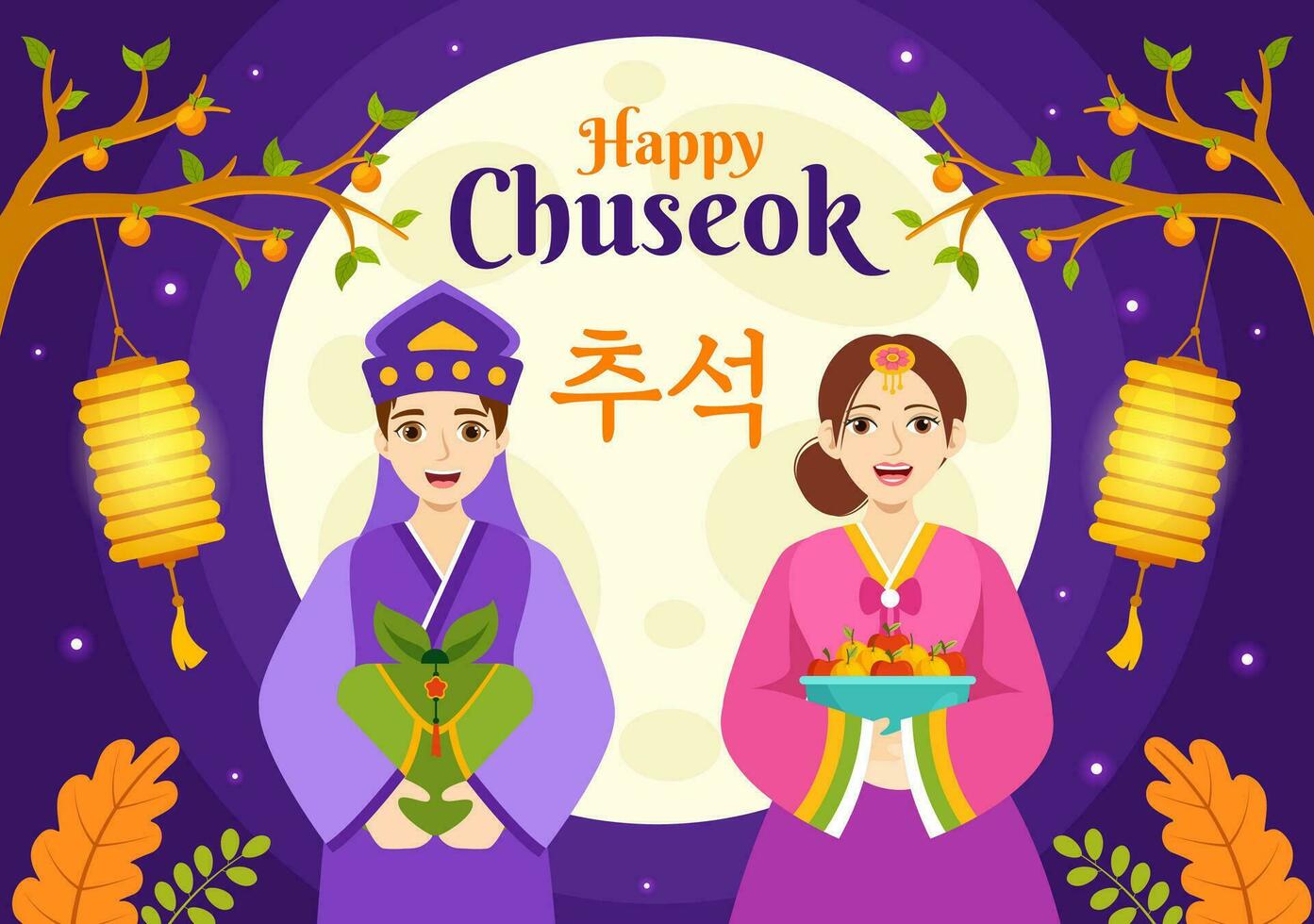 Lycklig chuseok dag vektor illustration av koreanska tacksägelse händelse med skörda festival fira på höst natt bakgrund hand dragen mallar