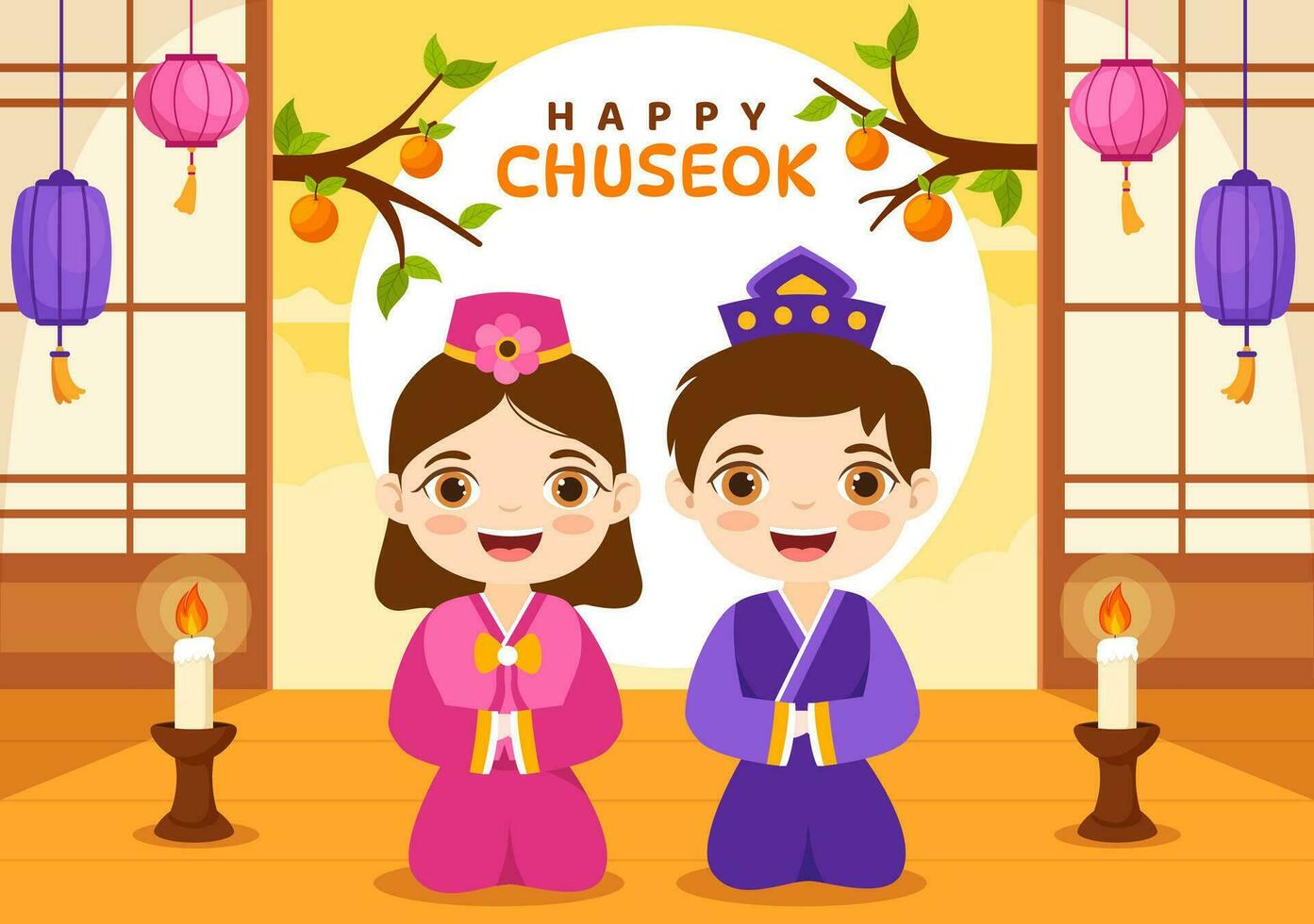Lycklig chuseok dag vektor illustration av koreanska tacksägelse händelse med barn bär hanbok på höst kväll bakgrund hand dragen mall