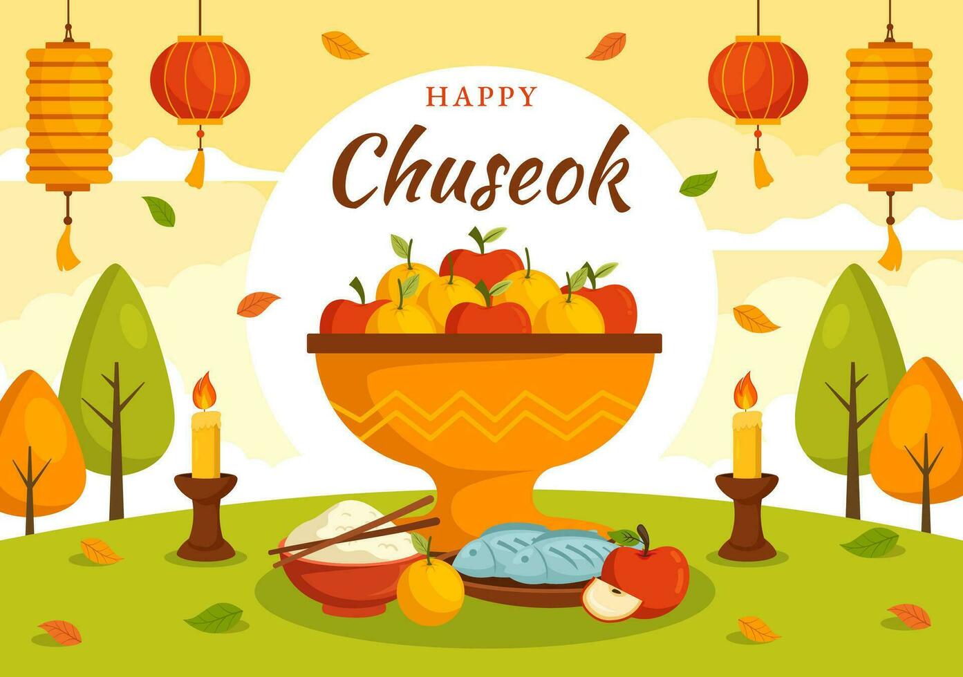 Lycklig chuseok dag vektor illustration av koreanska tacksägelse händelse med skörda festival fira på höst natt bakgrund hand dragen mallar