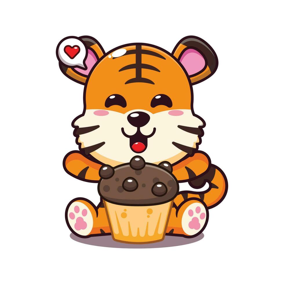 süß Tiger mit Tasse Kuchen Karikatur Vektor Illustration.