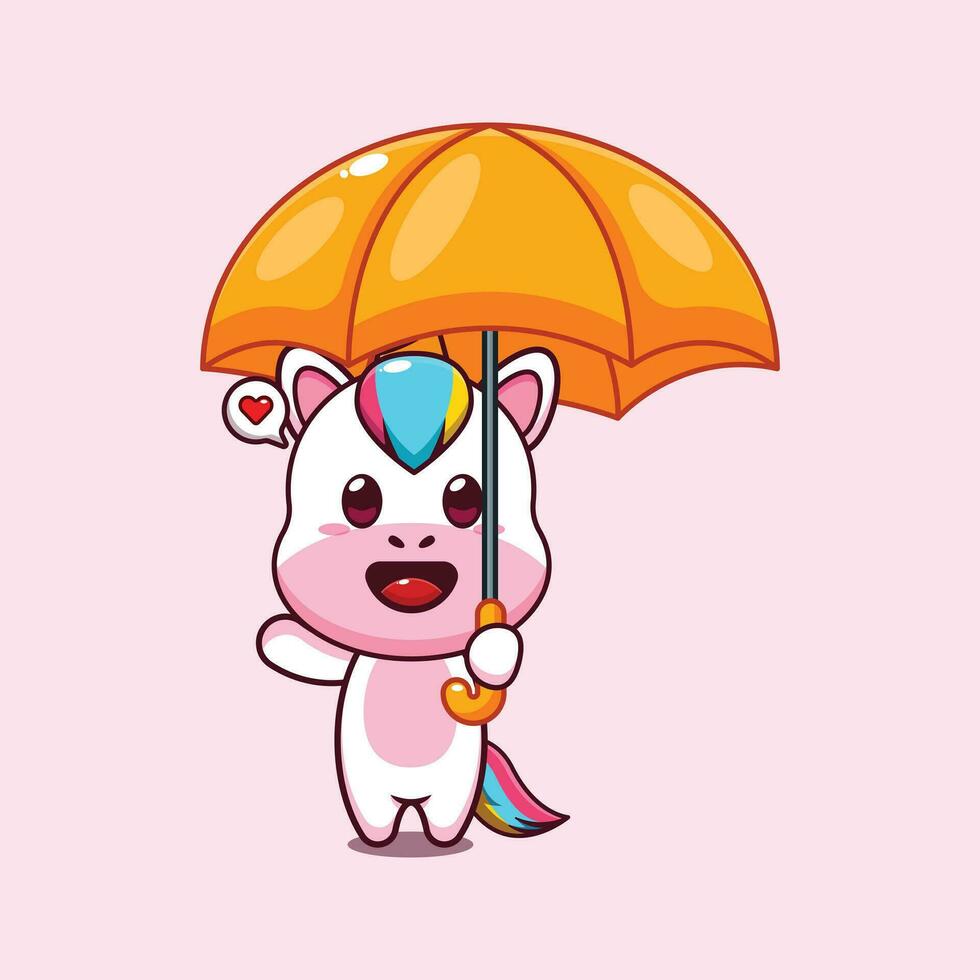 süß Einhorn halten Regenschirm Karikatur Vektor Illustration.