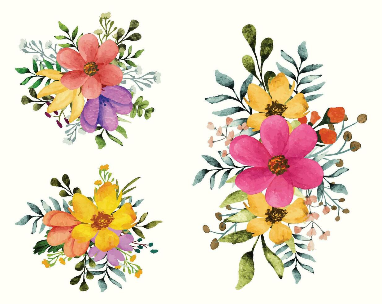 uppsättning av vattenfärg blommig gren bukett arrangemang med blommor och löv för kort design vektor