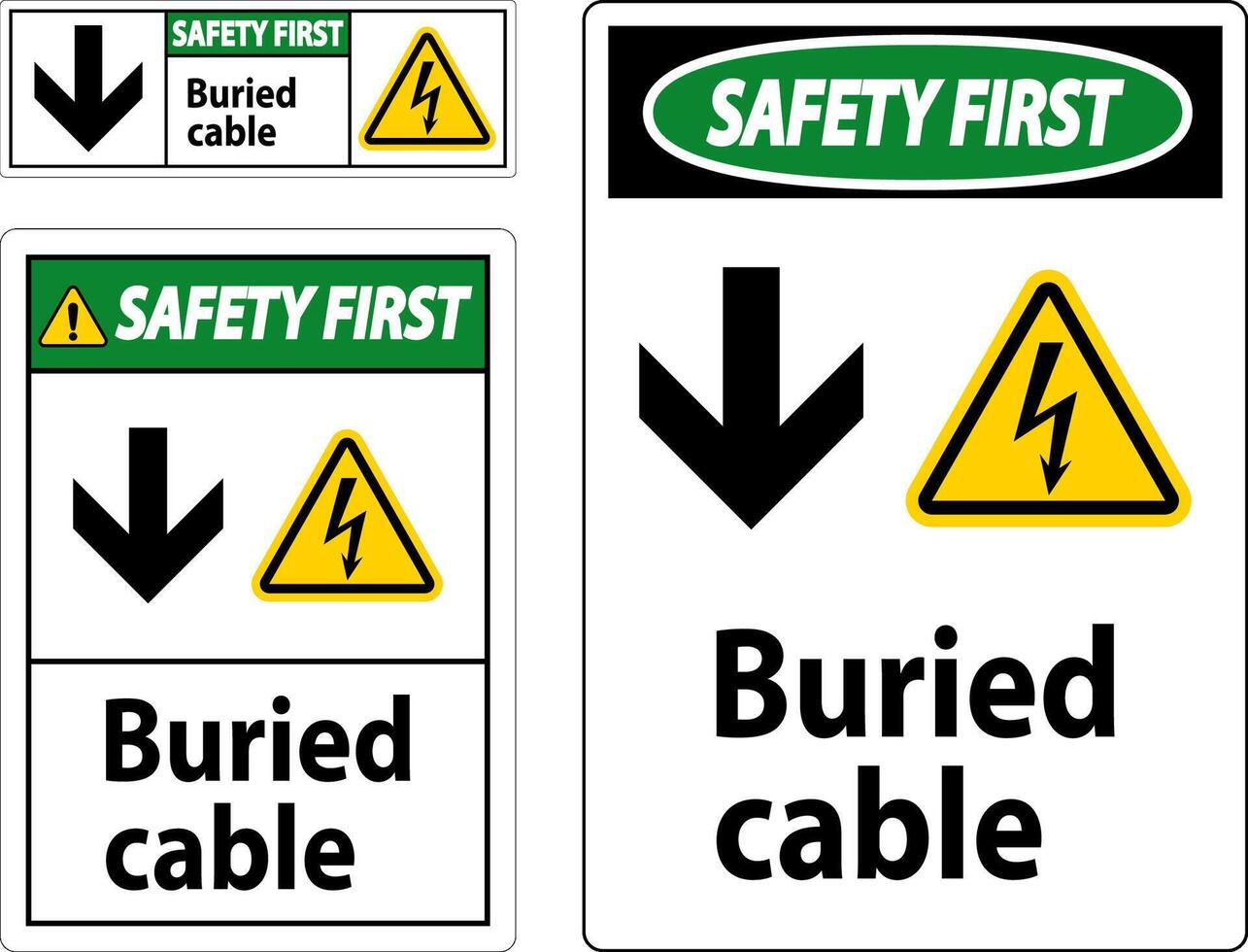Sicherheit zuerst Zeichen begraben Kabel mit Nieder Pfeil und elektrisch Schock Symbol vektor