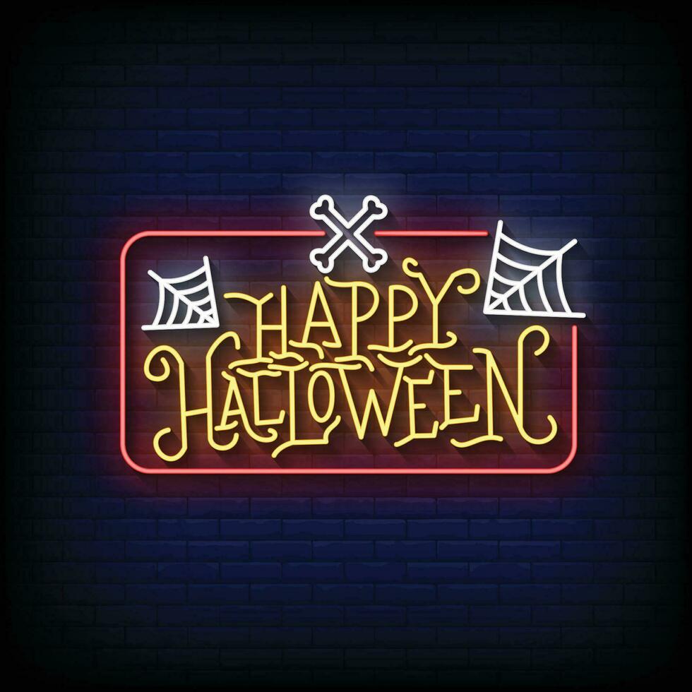 Neon- Zeichen glücklich Halloween mit Backstein Mauer Hintergrund Vektor