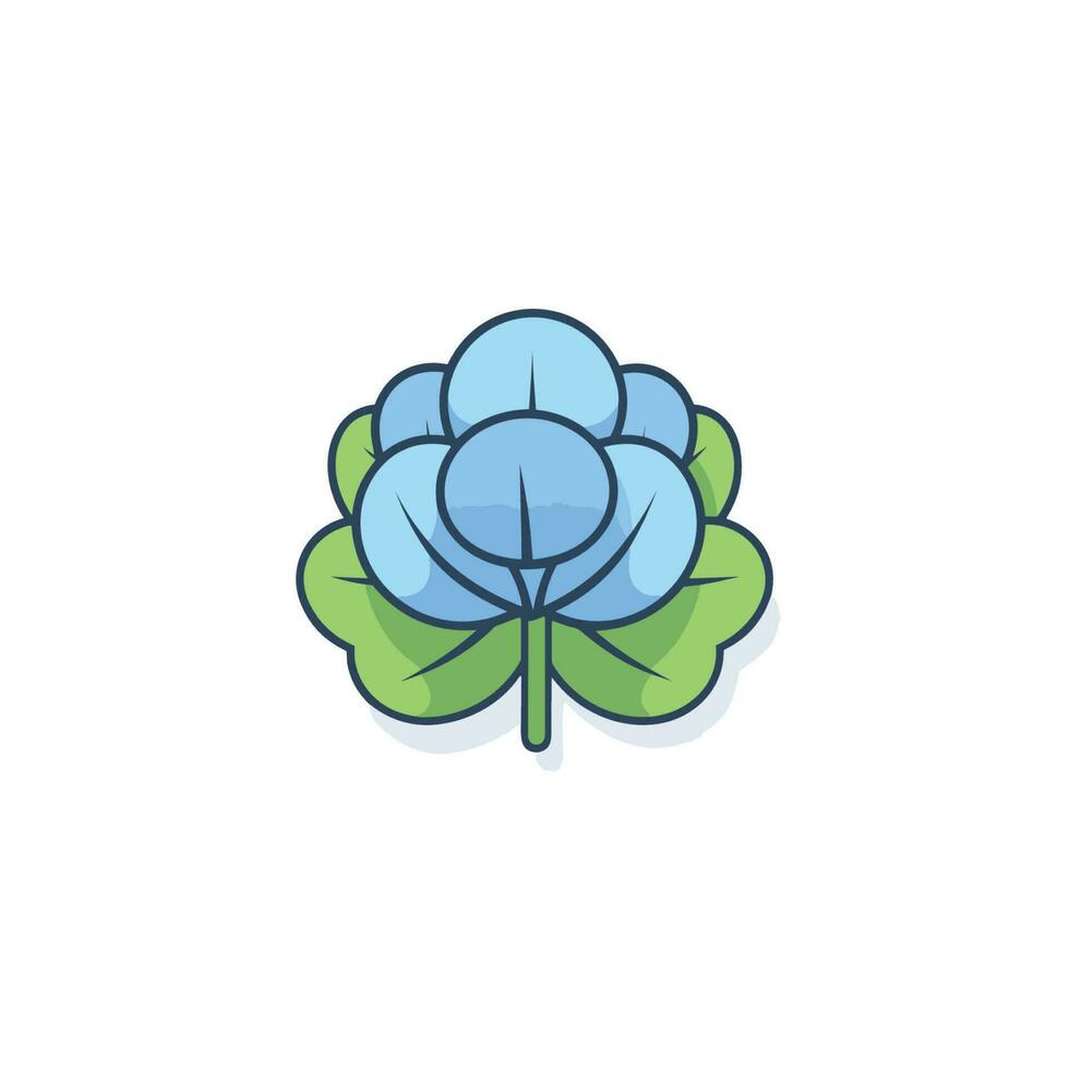vektor av en platt ikon av en blå blomma med grön löv på en vit bakgrund