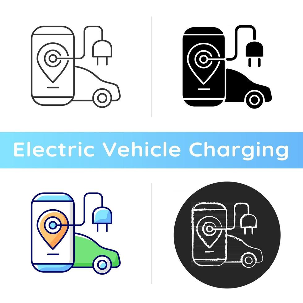 EV-Lade-App-Symbol. digitale Anwendung zum Auffinden von Ladestationen für Elektromobile. mit dem Gerät, um für natürlichen Brennstoff zu bezahlen. lineare Schwarz- und RGB-Farbstile. isolierte vektorillustrationen vektor