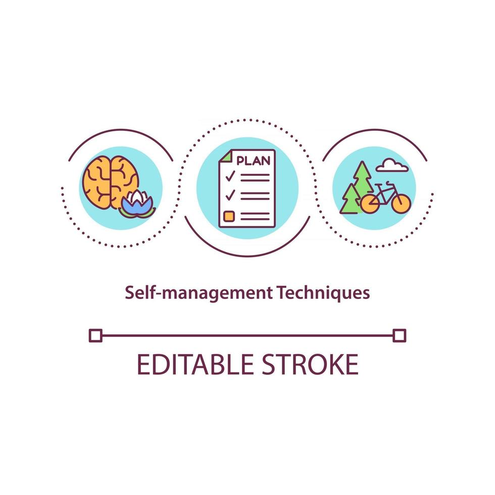 self management tekniker koncept ikon. planering för balans mellan arbetsliv och liv. mindfulness, self control idé tunn linje illustration. vektor isolerad kontur rgb färg ritning. redigerbar stroke