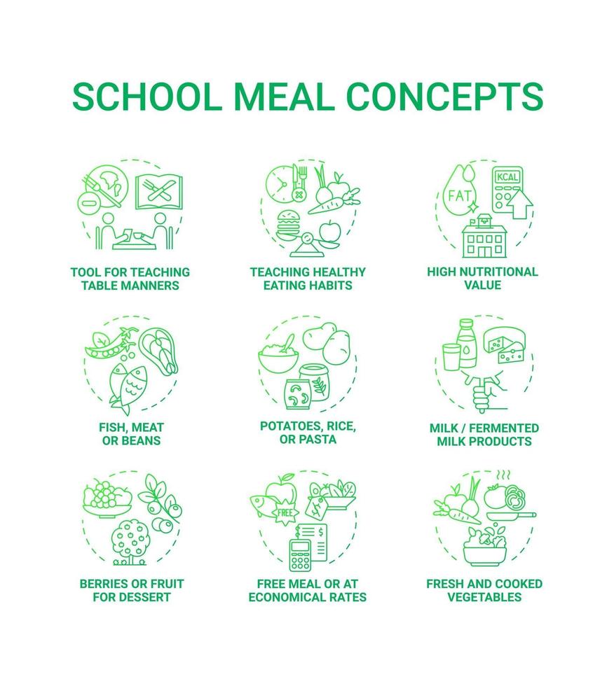 skolmåltid koncept ikoner set. skapa skolmålsplan full av näringsämnen och vitaminer. hälsosam mat förbereder idé tunn linje rgb färg illustrationer. vektor isolerade konturteckningar