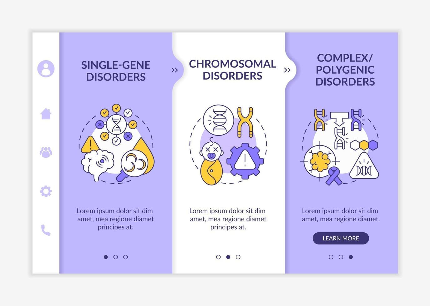 olika genetiska störningar ombord vektormall. lyhörd mobilwebbplats med ikoner. webbsida genomgång 3 steg skärmar. ärftlig sjukdom färgkoncept med linjära illustrationer vektor