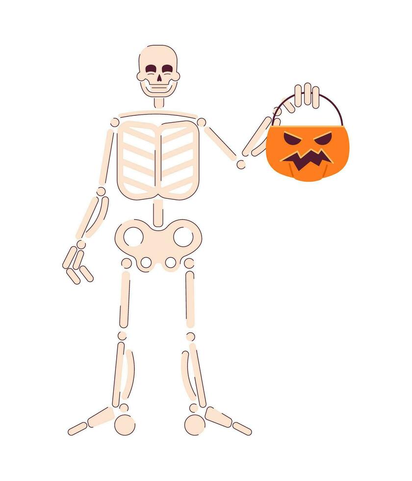 Lycklig halloween skelett platt begrepp vektor fläck illustration. helloween fest vuxen godis hink 2d tecknad serie karaktär på vit för webb ui design. skelett lura isolerat redigerbar kreativ hjälte bild