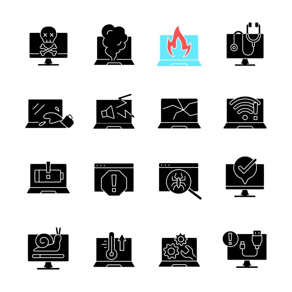 Computerprobleme schwarze Glyphensymbole auf weißem Raum. Laptop startet nicht, Bildschirmfehler. Systemfehler. Hardware-Crash. Softwareproblem auf dem Notebook. Silhouette-Symbole. isolierte Vektorgrafik vektor