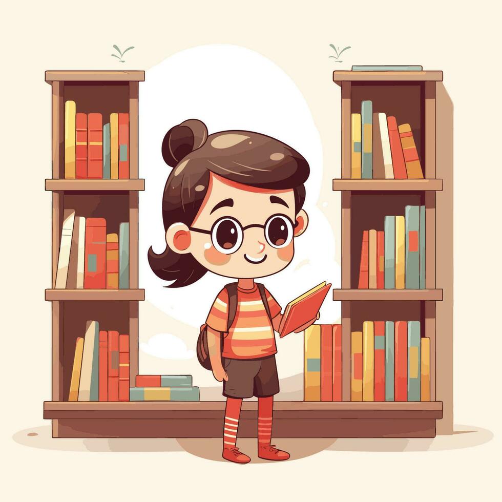 vektor av en flicka absorberad i läsning en bok omgiven förbi en vägg av böcker