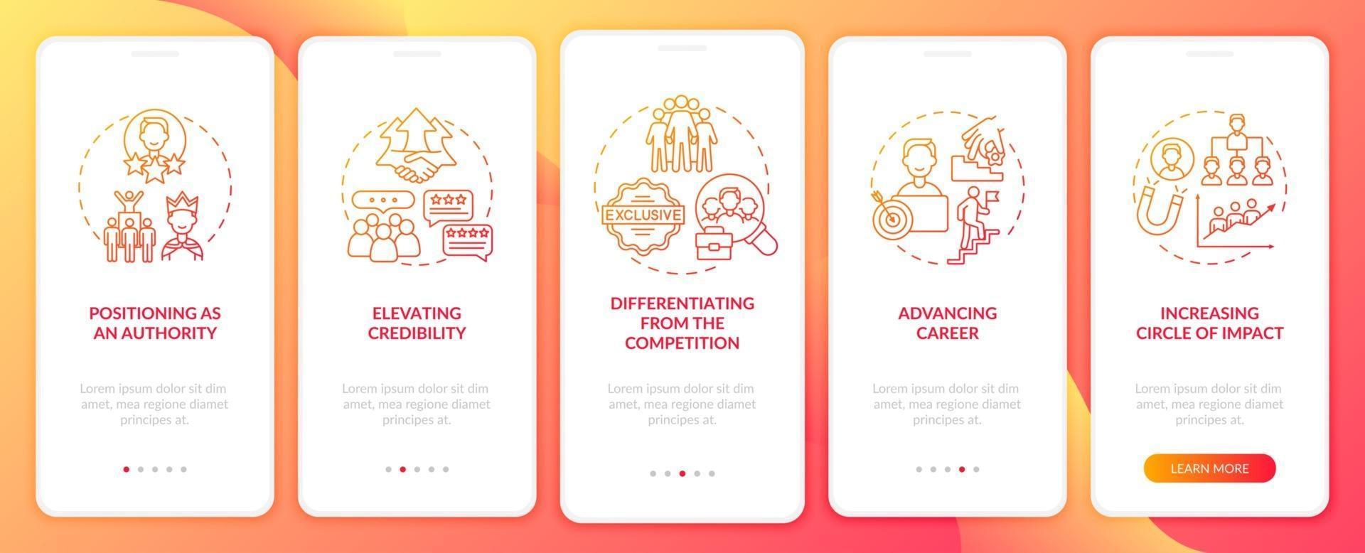 personliga varumärkesuppgifter orange ombord mobilappsskärm med koncept. opinionsledare mål genomgång 5 steg grafiska instruktioner. ui, ux, gui vektormall med linjära färgillustrationer vektor