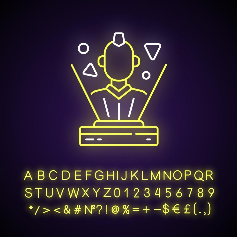 Hologramm-Neonlicht-Symbol. innovatives interaktives System. Cyborg-Avatar. Cyberpunk, Science-Fiction-Spiel. äußerer Leuchteffekt. Zeichen mit Alphabet, Zahlen und Symbolen. vektor isoliert rgb farbillustration