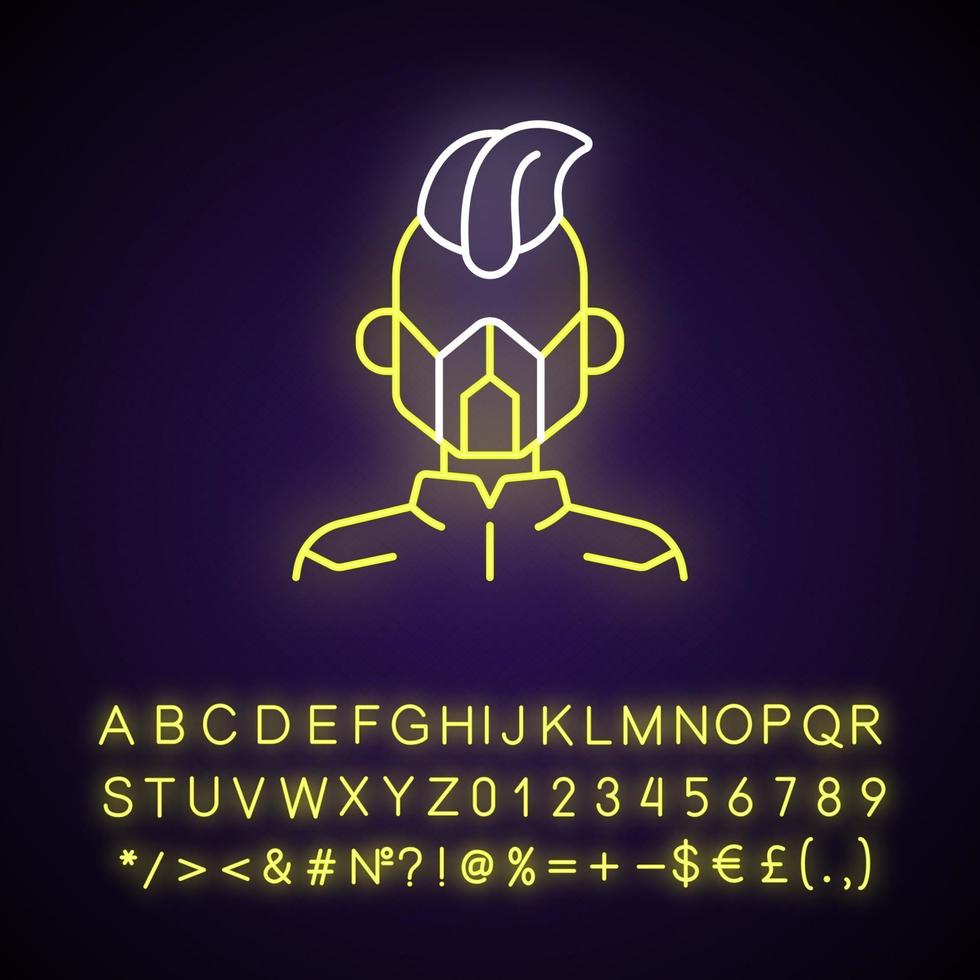 Symbol für Neonlicht maskieren. Cyborg-Mann. Person aus der dystopischen Zukunft. Cyberpunk-Film, Science-Fiction-Spiel. äußerer Leuchteffekt. Zeichen mit Alphabet, Zahlen und Symbolen. vektor isoliert rgb farbillustration