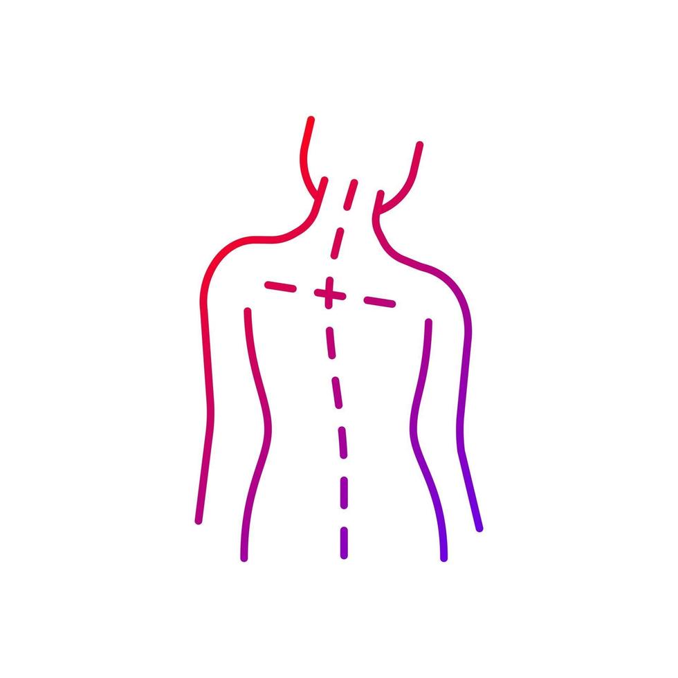 ojämna axlar gradient linjär vektor ikon. postural förändring. svårigheter att gå. asymmetrisk inriktning. tunn linje färg symboler. modern stil piktogram. vektor isolerade konturteckning