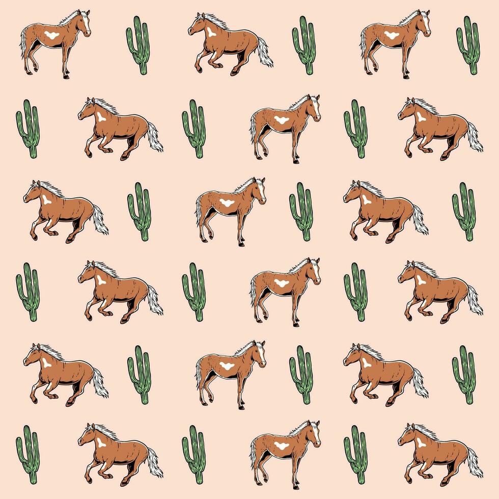 Västra vektor illustration häst och kaktus för handelsvaror
