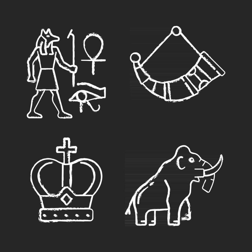förfäder arv krita vita ikoner på svart bakgrund. egyptiska väggritningar. drickshorn. kunglig krona. mammutskelett. väggmålning. isolerade vektor tavlan illustrationer