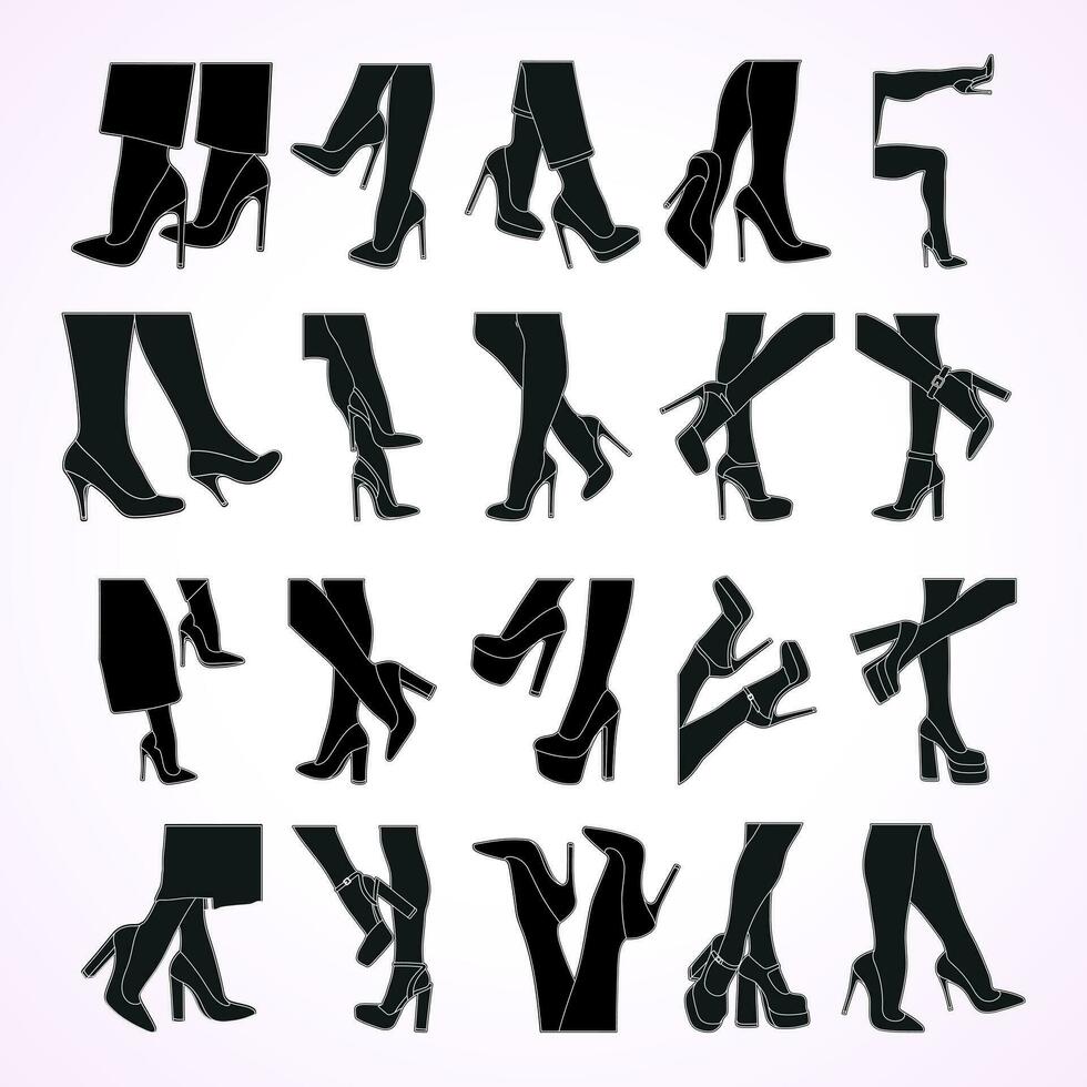 uppsättning silhuett översikt av kvinna ben i en utgör. skor stiletter, hög hälar. gående, stående, löpning, Hoppar, dansa vektor