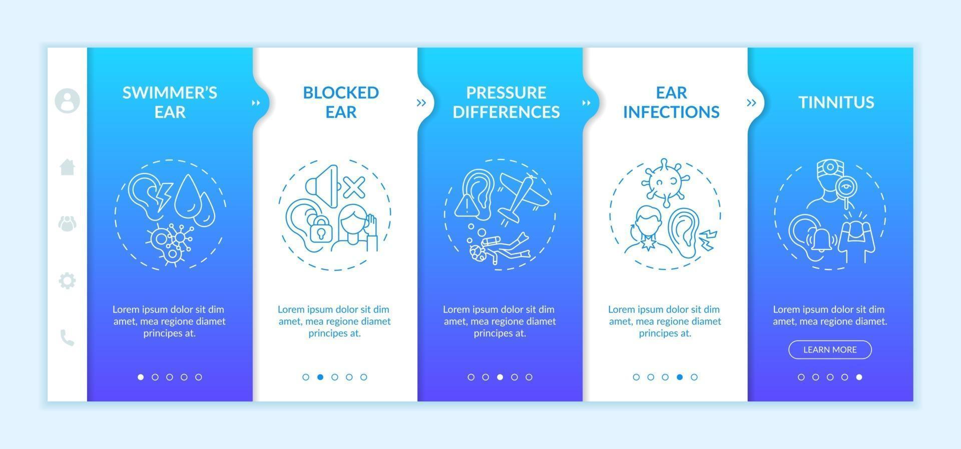 Allgemeine Ohrbedingungen Onboarding-Vektorvorlage. Responsive mobile Website mit Symbolen. Webseiten-Walkthrough 5-Schritte-Bildschirme. verstopftes Ohr, Tinnitus, Spannungsfarbkonzept mit linearen Illustrationen vektor