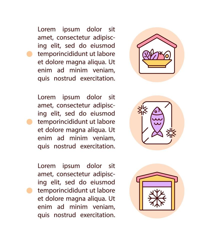 Symbole für Lager- und Kühlraumkonzept mit Text. ppt-Seitenvektorvorlage mit Kopienraum. Broschüre, Magazin, Newsletter-Gestaltungselement. Lebensmittel lineare Illustrationen auf weiß vektor