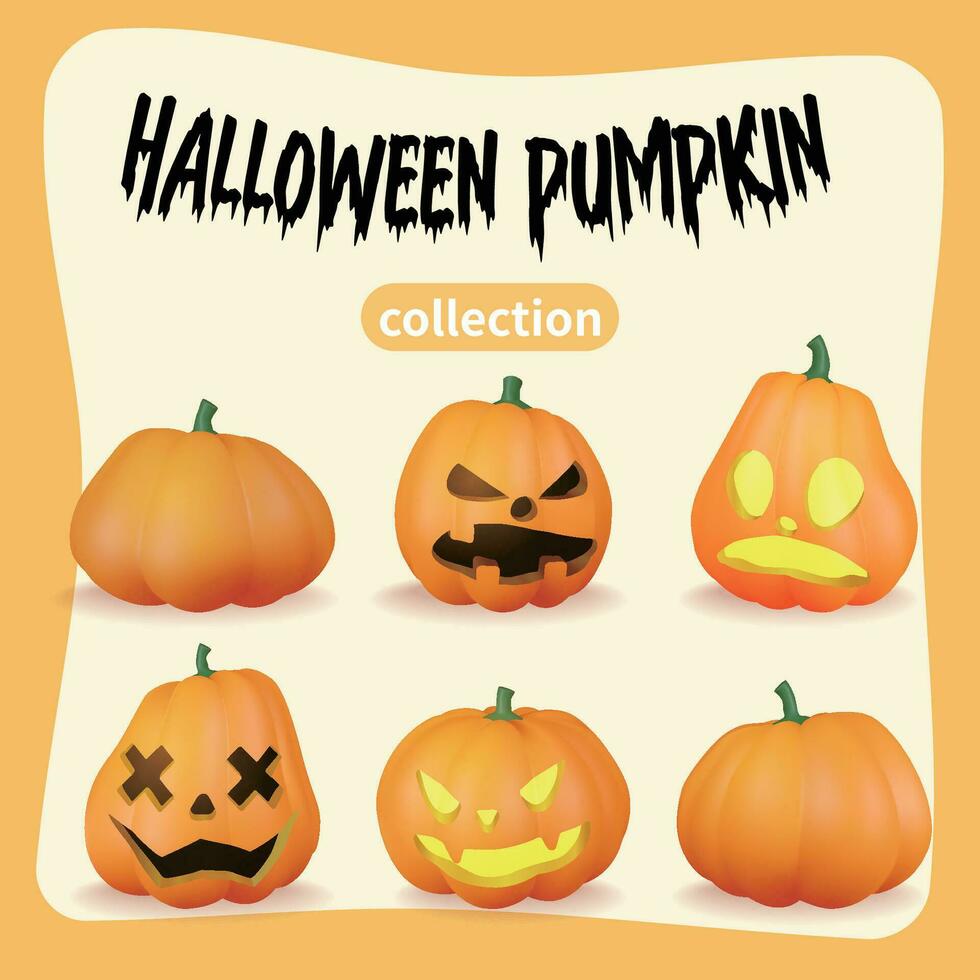 gruselig Sammlung von Halloween Kürbisse, ein einstellen von sechs Kürbisse mit vier anders komisch Gesichter vektor