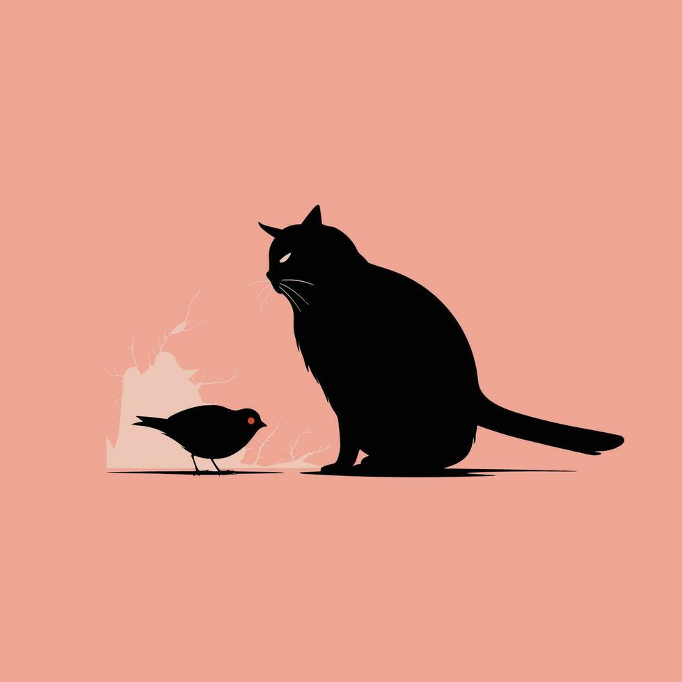 schwarz Katze mit Vogel Vektor Illustration