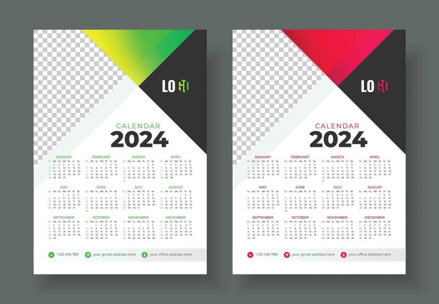 drucken bereit einer Seite Mauer Kalender Vorlage Design zum 2024. Woche beginnt auf Sonntag vektor