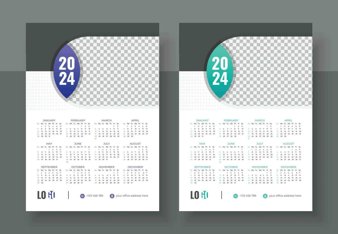 modern Mauer Kalender Design 2024. drucken bereit einer Seite Mauer Kalender Vorlage Design zum 2024. Woche beginnt auf Sonntag vektor