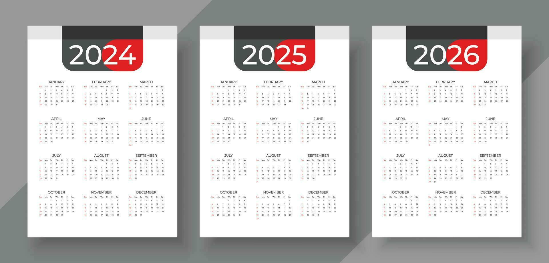 kalender 2024, 2025, 2026. enkel vertikal kalender design mall. vecka börjar på söndag vektor