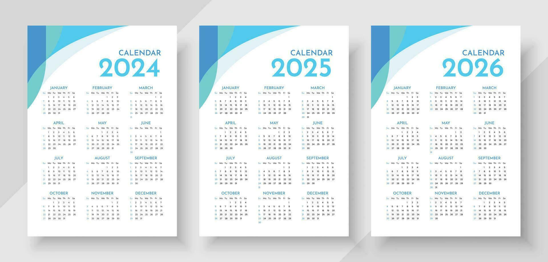 Kalender 2024, 2025, 2026 Jahre. Vektor. Woche beginnt Sonntag. Schreibwaren Vorlage mit 12 Monate vektor