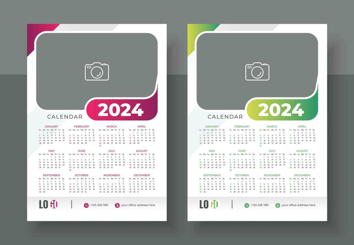 modern Mauer Kalender Design 2024. drucken bereit einer Seite Mauer Kalender Vorlage Design zum 2024. Woche beginnt auf Sonntag vektor