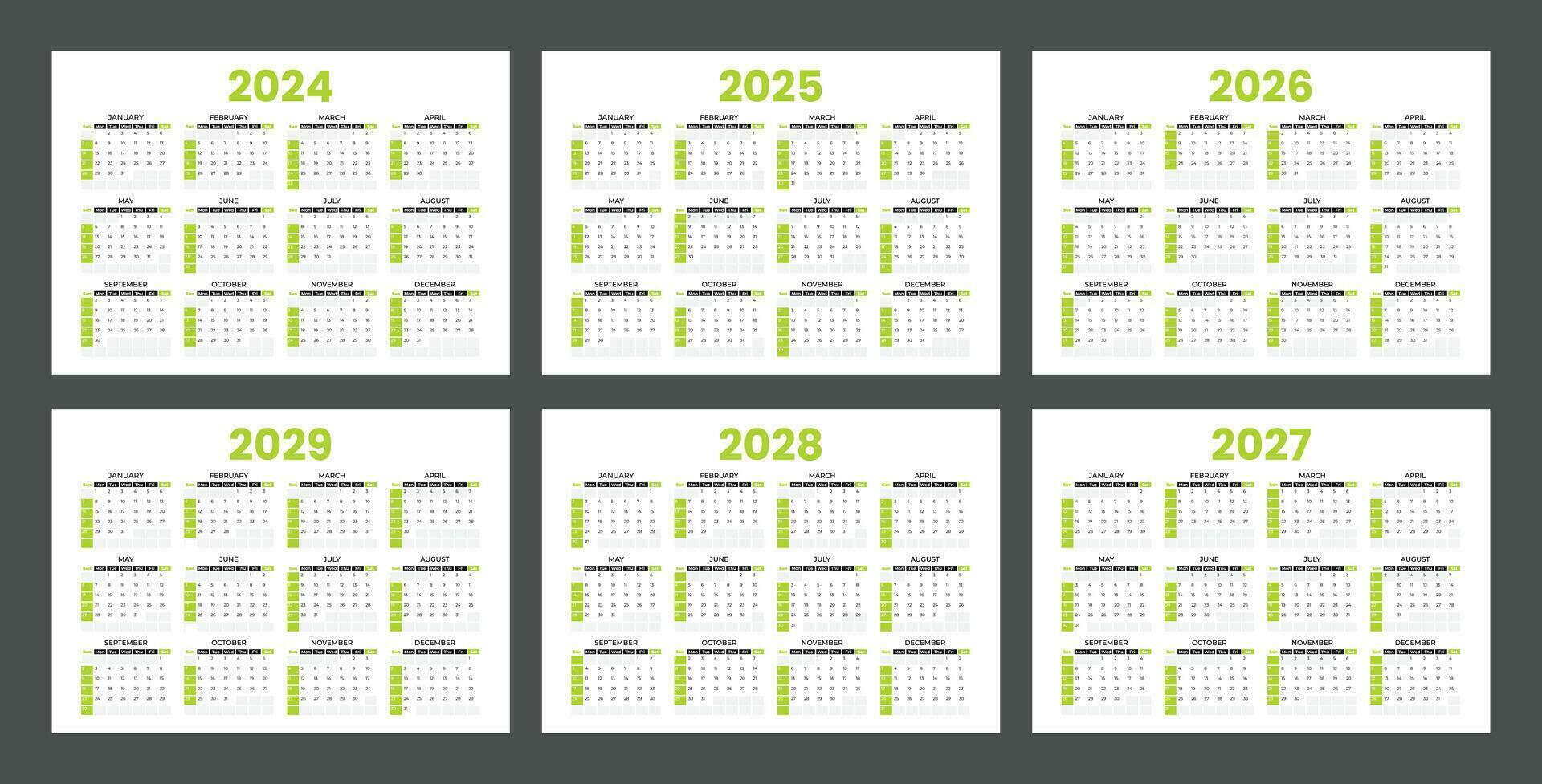 uppsättning av kalendrar för 2024, 2025, 2026, 2027, 2028 och 2029. minimalistisk stil kalender. vecka börjar från söndag vektor