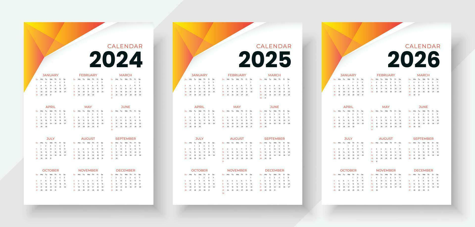 Kalender 2024, 2025, 2026. einfach Vertikale Kalender Design Vorlage. Woche beginnt auf Sonntag vektor