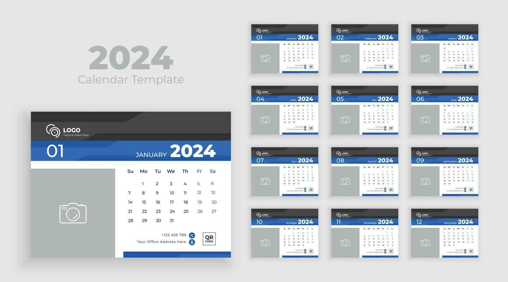 skrivbord kalender mall 2024. minimalistisk skrivbord kalender 2024 mall, planerare, företag mall vektor. vecka Start på söndag vektor