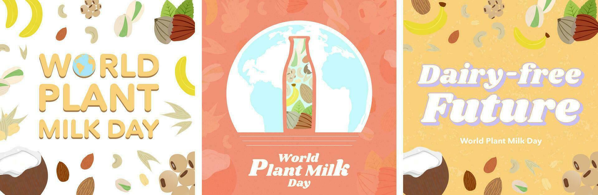 uppsättning av värld växt mjölk dag hälsning kort och Citat. söt illustration av alternativ källa av mjölkar, kokos, kasju, hasselnöt, havre, pistasch, soja, mandel, banan. mjölkfritt framtida. vektor konst.