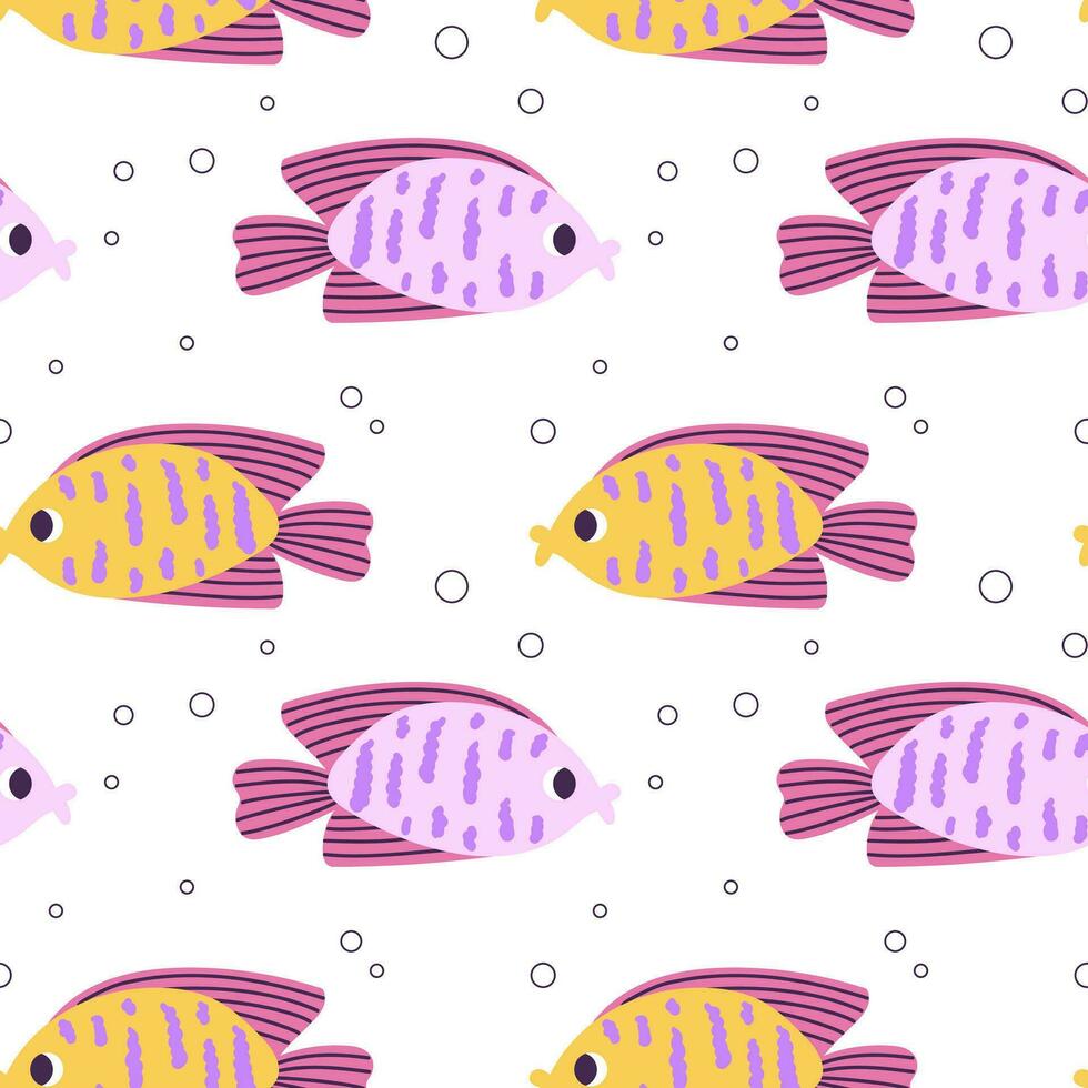 färgrik sömlös mönster med hav gul rosa fisk och bubblor i platt hand dragen stil. för design, textil, bakgrund vektor