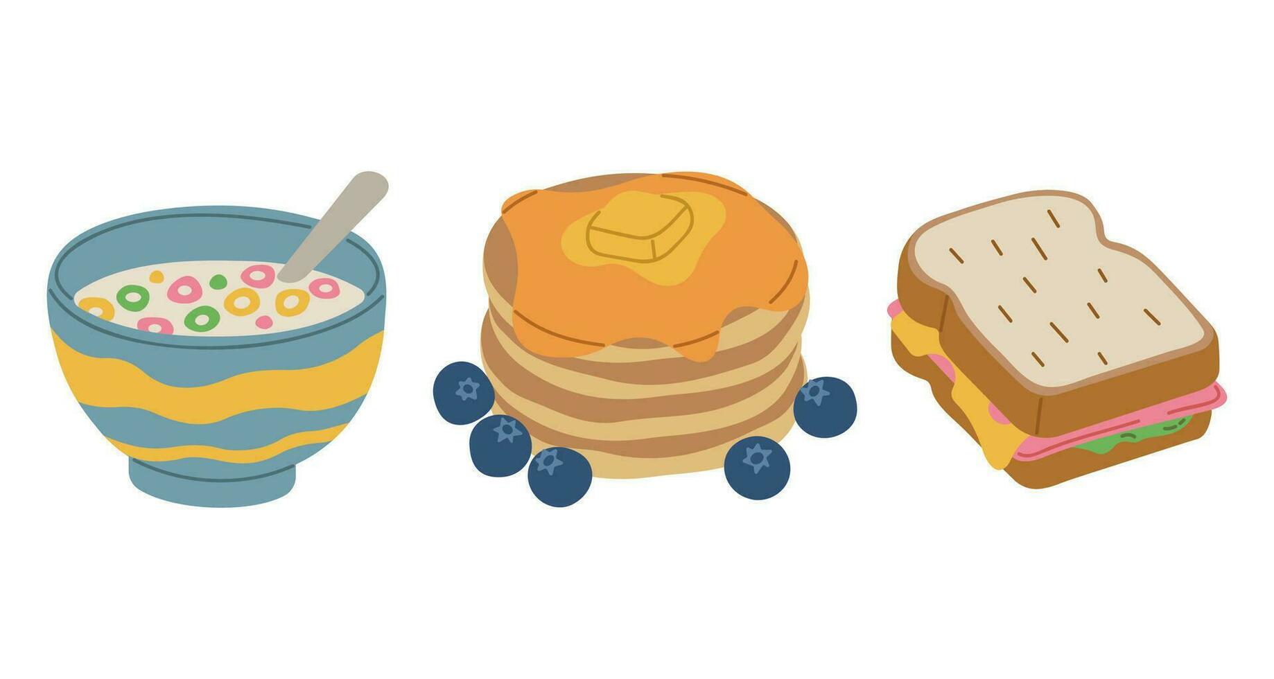 Frühstück 6 Getreide, Pfannkuchen und Sandwich süß Vektor Illustration