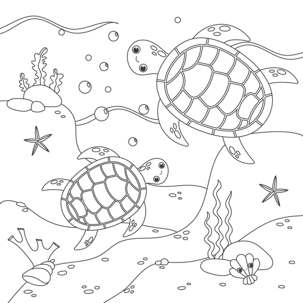 vektor illustration med alger, sköldpadda och fisk, hav golv. söt fyrkant sida färg bok för barn. enkel rolig barn teckning. svart rader, skiss på en vit bakgrund.