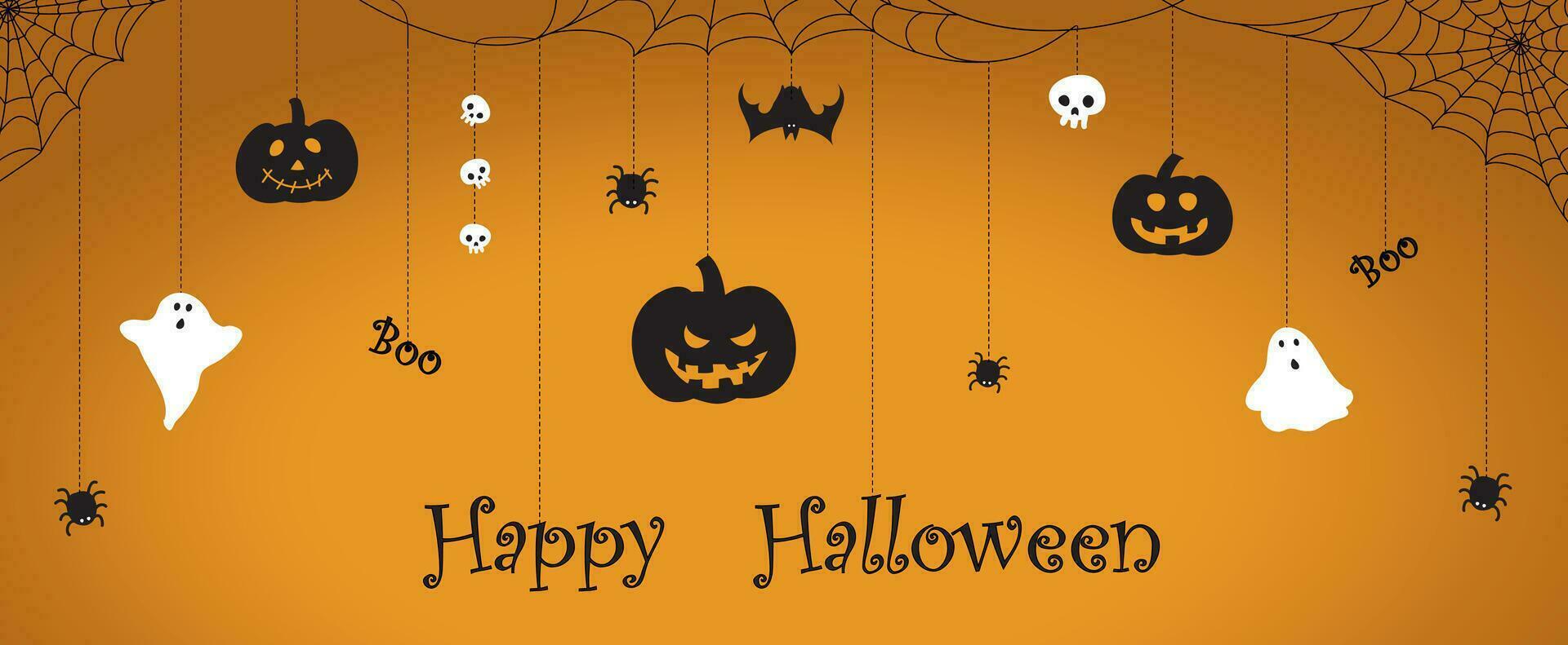 glücklich Halloween Hintergrund Vektor Illustration. glücklich Halloween Banner, Beförderung oder Party Einladung Hintergrund mit Kürbisse, Geister, Schädel, Spinne und Spinnweben auf Orange Hintergrund