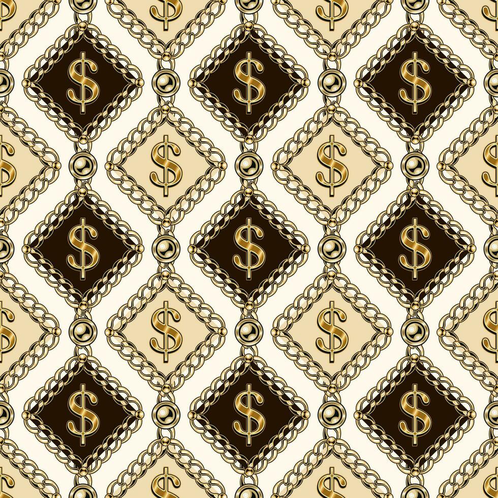 sömlös mönster med guld dollar tecken i romber av guld kedjor, pärlor. vertikal fodrad upp element på en beige bakgrund. vektor