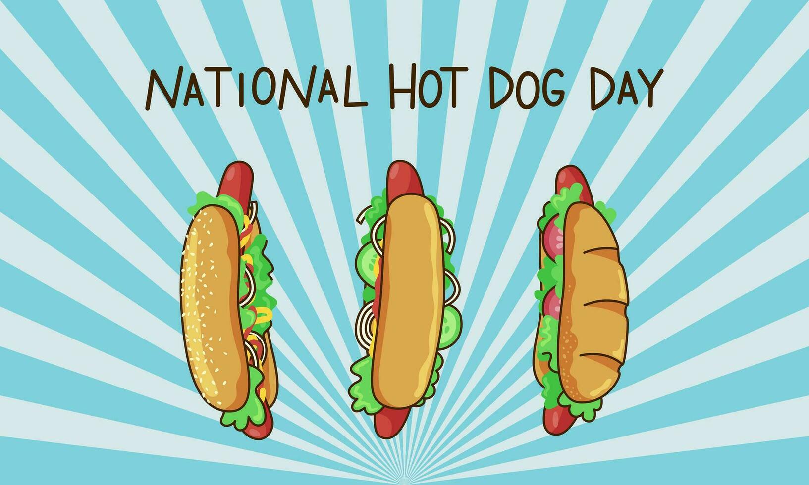 nationell varm hund dag. baner med ett inskrift och tre varm hundar på en ljus bakgrund med strålar. vektor tecknad serie illustration med stroke