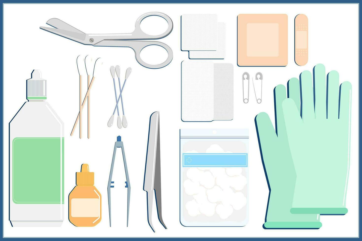 begrepp vektor illustration uppsättning av först hjälpa utrustning i fall av sår, flor, lister bandage sax, tång, kirurgisk handske.lim bandage, koksaltlösning lösning .platt stil