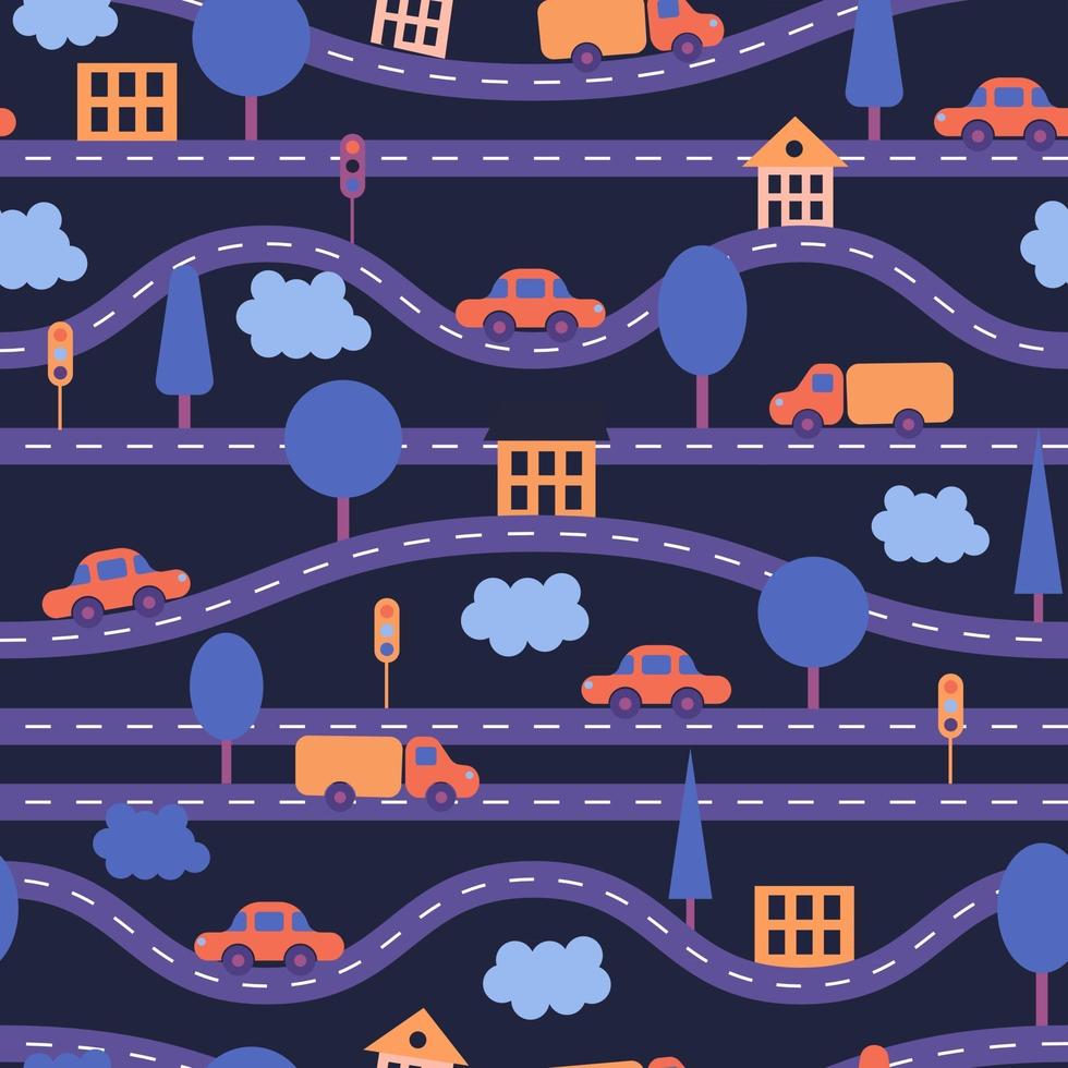 Vektor-Illustration. nahtloser Hintergrund. Kindermuster mit Straßen, Autos, Bäumen, Ampeln, Häusern und Wolken. violett, lila, orange, blau vektor