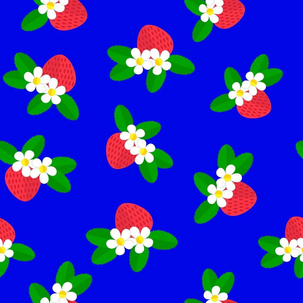 vektor illustration. sömlös backgound. mönster med röda bärjordgubbar, vita blommor och gröna blad på en blå.
