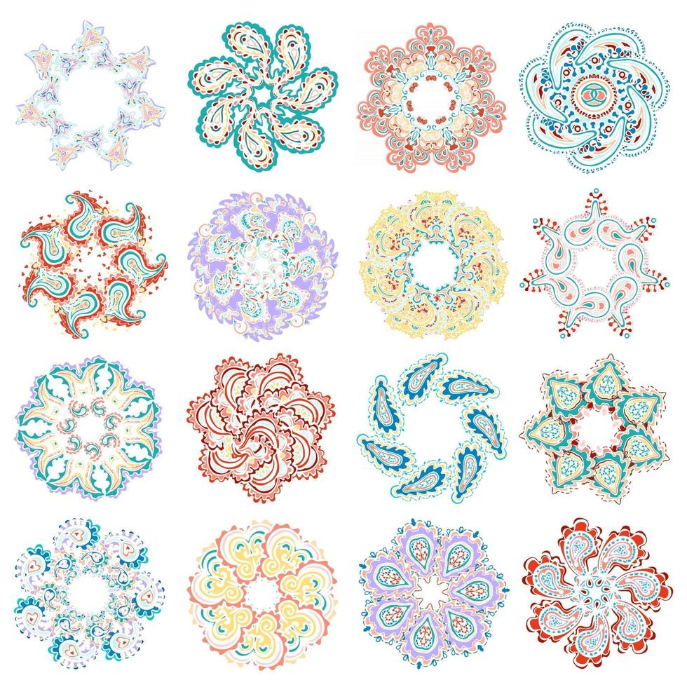 Vektorset aus bunten runden Mustern, Mandalas. Yoga-Logos geometrisches Kreiselement. dekorative florale Ornamente. orientalisches Schnörkeldesign vektor