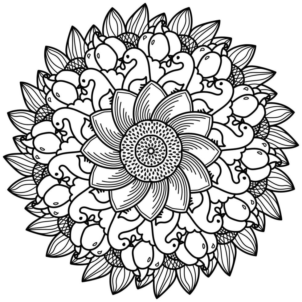 das Erntedankfest Mandala mit Truthahn und Blume, meditativ Färbung Seite vektor