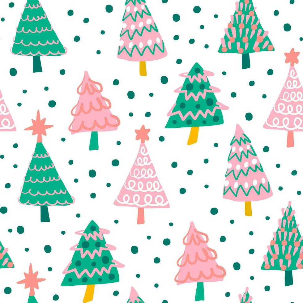 söt rosa och grön jul träd sömlös mönster på vit bakgrund. Semester säsong vinter- skog roligt upprepa mönster. hand dragen illustration. vektor